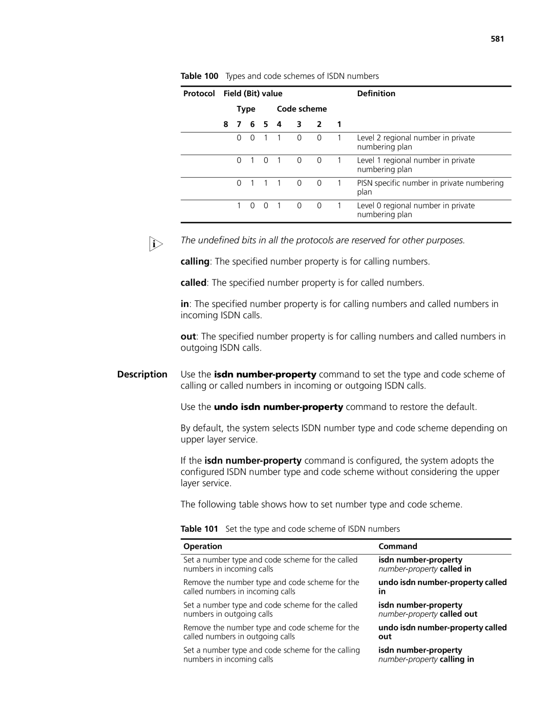 3Com MSR 50, MSR 30 manual Set the type and code scheme of Isdn numbers, 581 