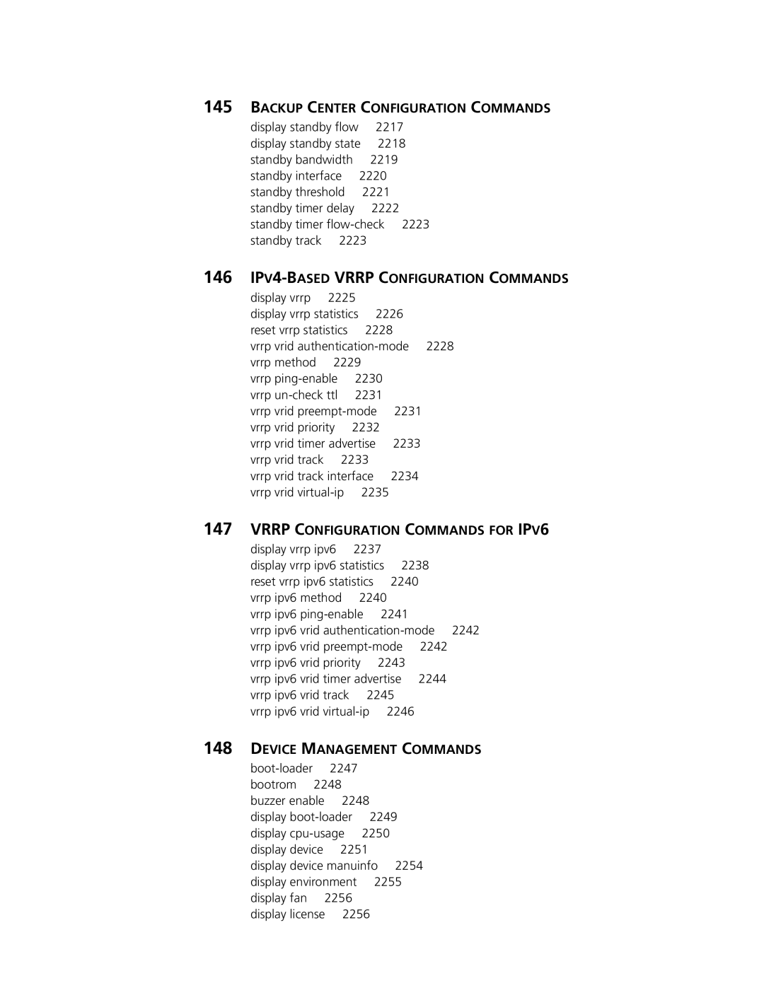 3Com MSR 50 Backup Center Configuration Commands, 146 IPV4-BASEDVRRP Configuration Commands, Device Management Commands 