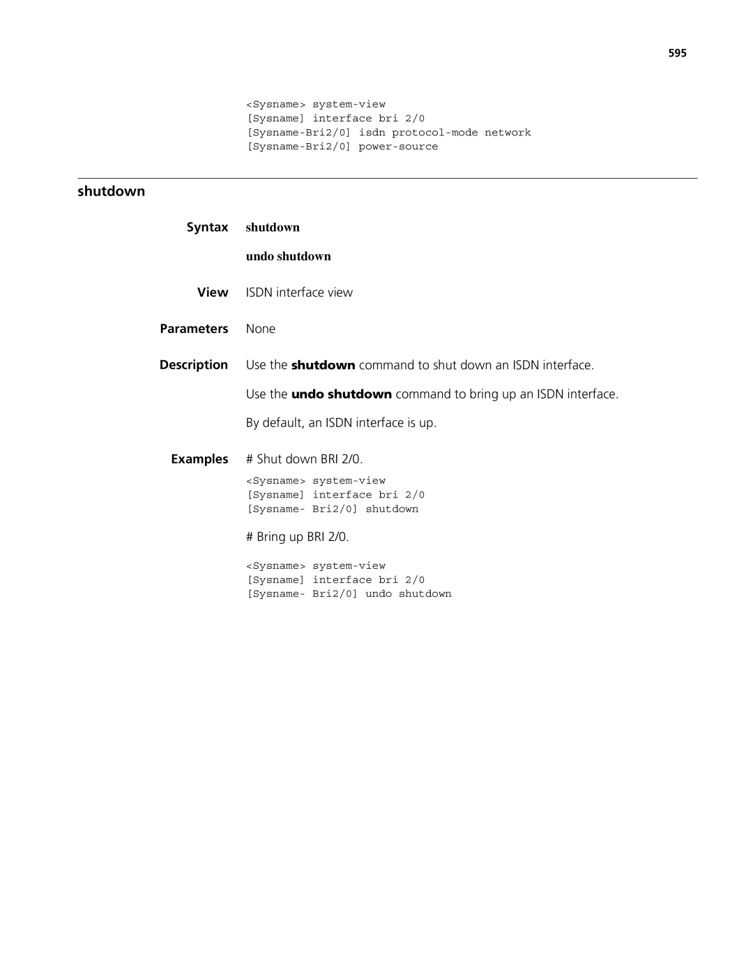 3Com MSR 50, MSR 30 manual # Bring up BRI 2/0, 595 