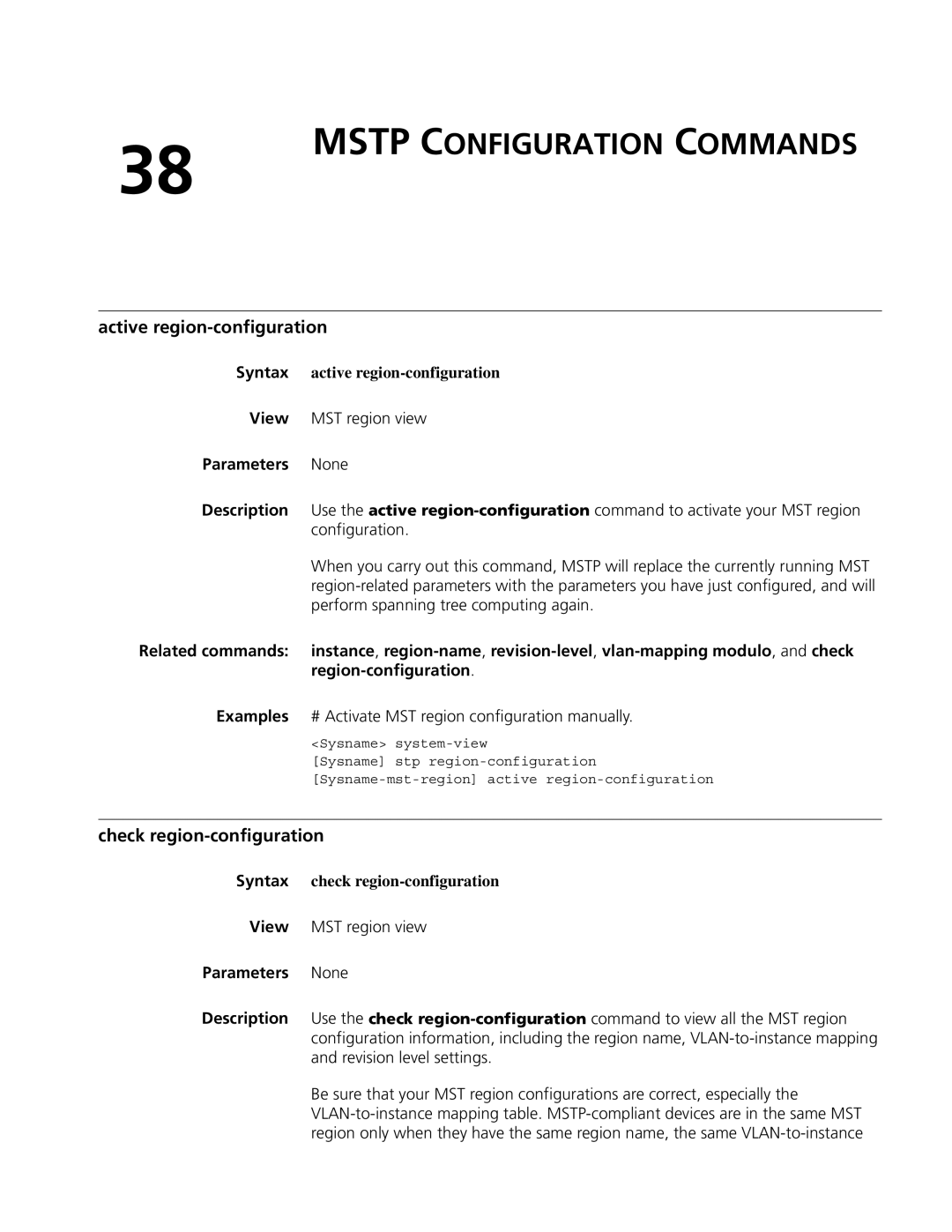 3Com MSR 50, MSR 30 manual Mstp Configuration Commands, Active region-configuration, Check region-configuration 