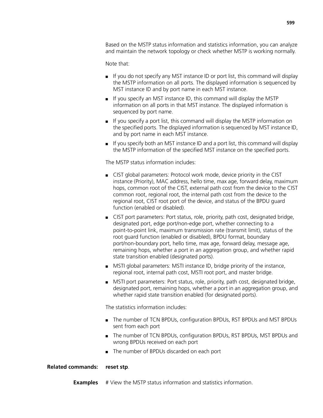 3Com MSR 50, MSR 30 manual Related commands reset stp, 599 