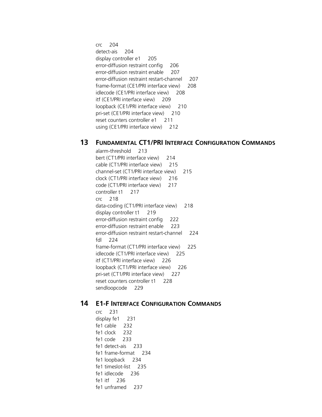 3Com MSR 30, MSR 50 manual Fundamental CT1/PRI Interface Configuration Commands, 14 E1-F Interface Configuration Commands 