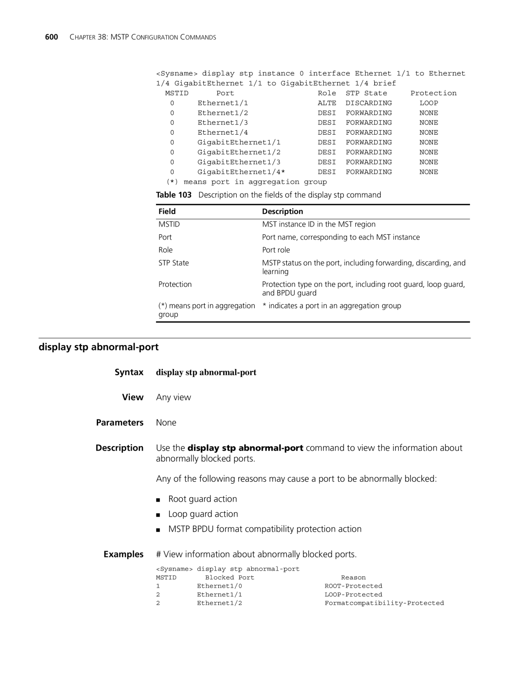 3Com MSR 30, MSR 50 manual Display stp abnormal-port, Abnormally blocked ports, Root guard action, Loop guard action 