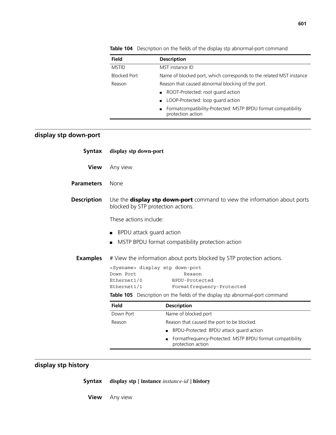 3Com MSR 50, MSR 30 manual Display stp down-port, Display stp history, Syntax display stp down-port, 601 