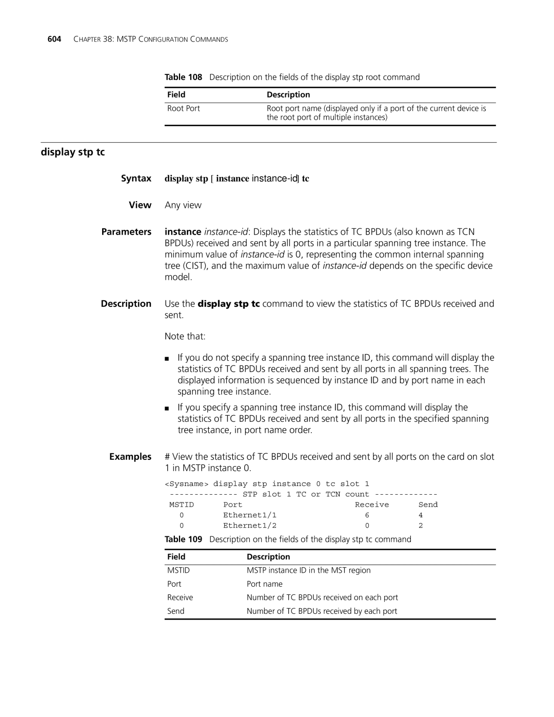 3Com MSR 30, MSR 50 manual Display stp tc, Model, Sent, Tree instance, in port name order, Mstp instance 