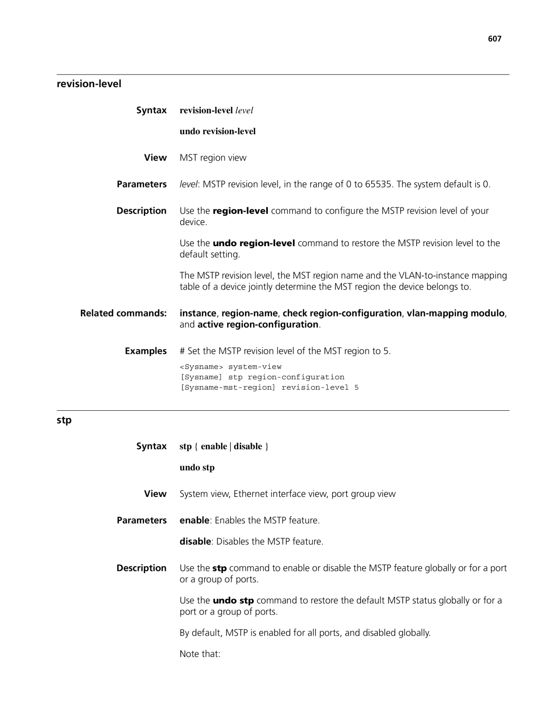 3Com MSR 50 manual Revision-level, Stp, Syntax revision-level level Undo revision-level, Syntax stp enable disable Undo stp 