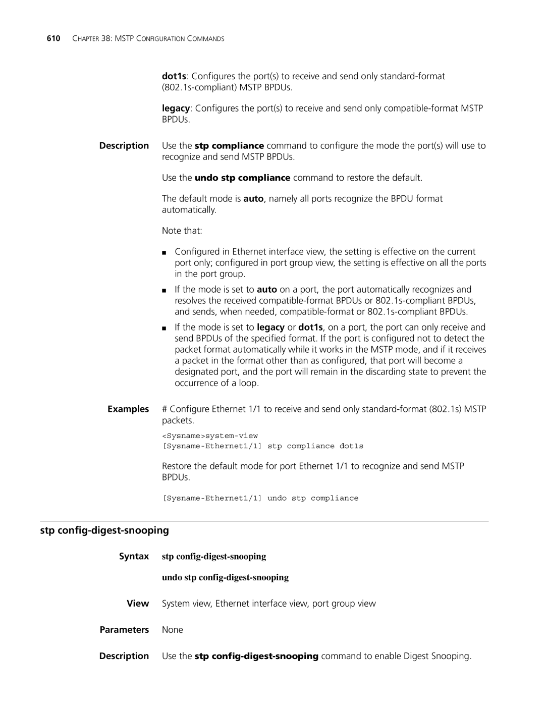 3Com MSR 30, MSR 50 manual Stp config-digest-snooping, View System view, Ethernet interface view, port group view 