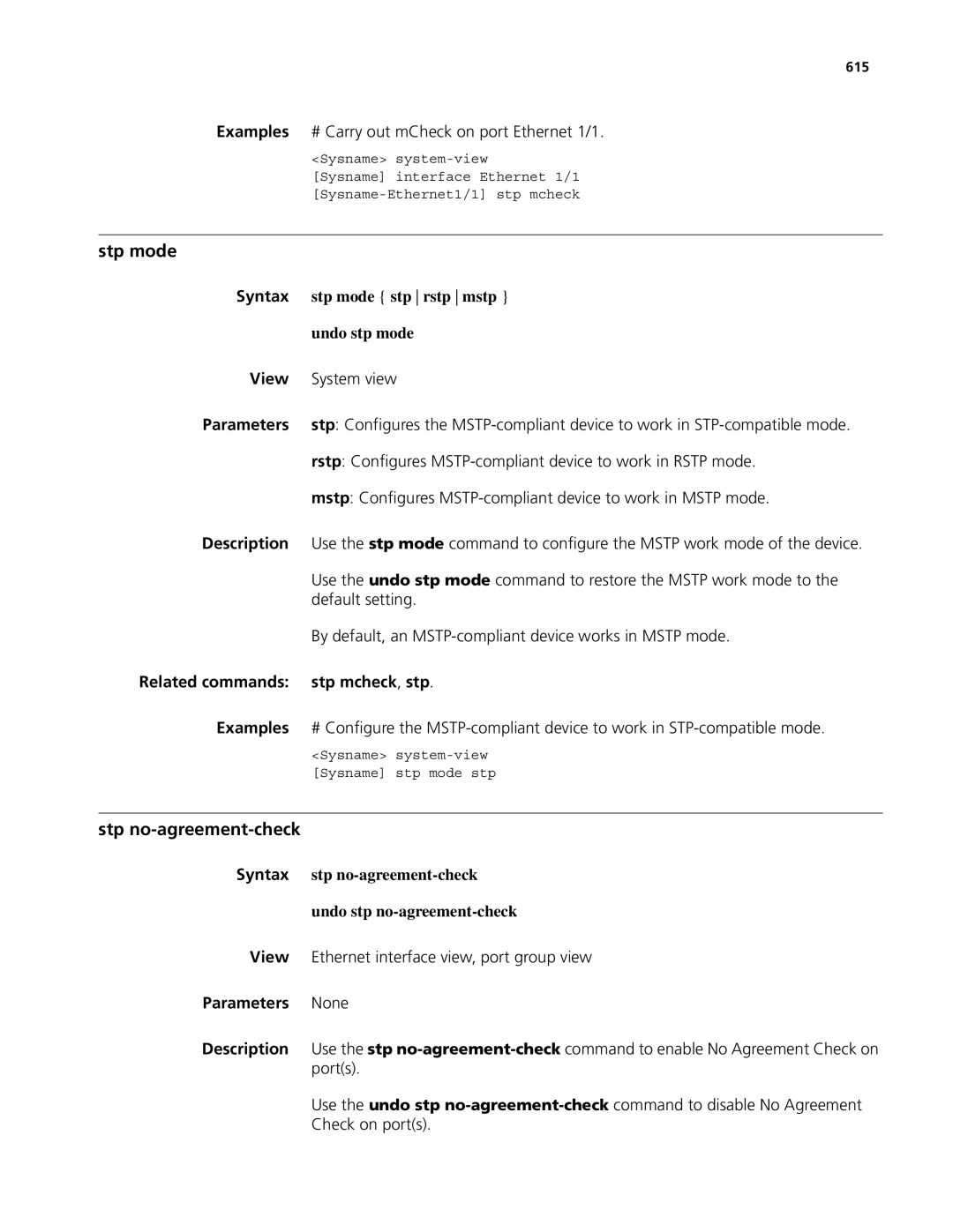 3Com MSR 50, MSR 30 manual Stp mode, Stp no-agreement-check, Stp mcheck , stp 