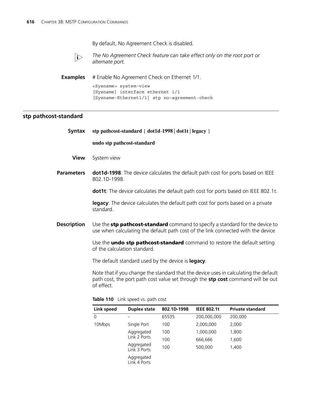 3Com MSR 30 manual Stp pathcost-standard, Examples # Enable No Agreement Check on Ethernet 1/1, View System view Parameters 