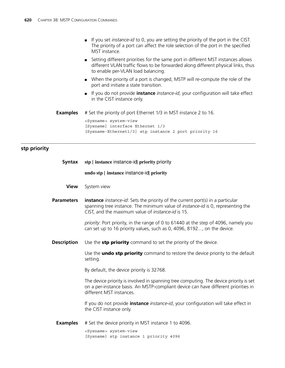 3Com MSR 30, MSR 50 manual Stp priority, Stp instance instance-id priority priority, Undo stp instance instance-id priority 