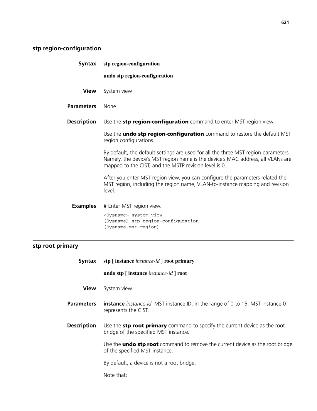 3Com MSR 50, MSR 30 manual Stp region-configuration, Stp root primary 