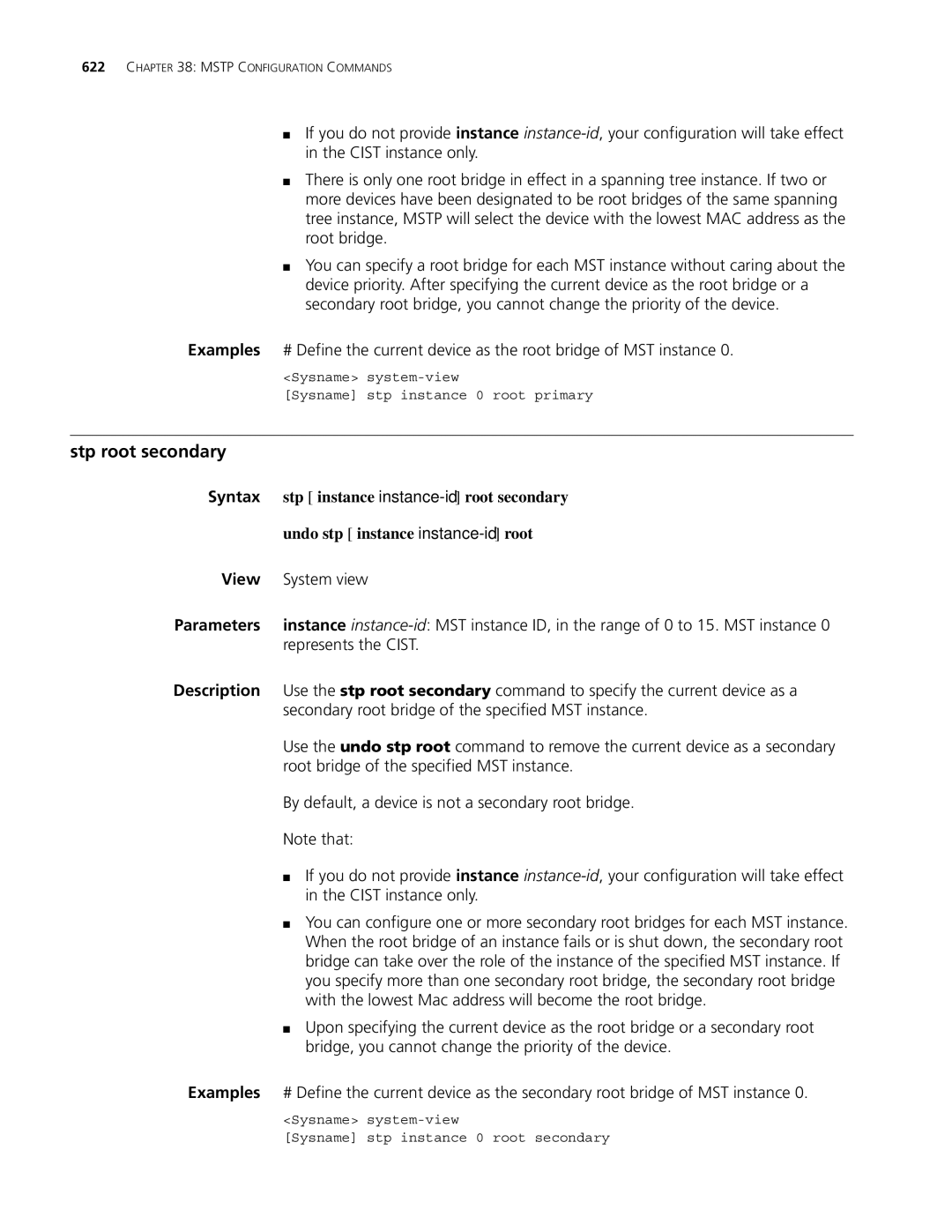 3Com MSR 30, MSR 50 manual Stp root secondary, Stp instance instance-id root secondary 