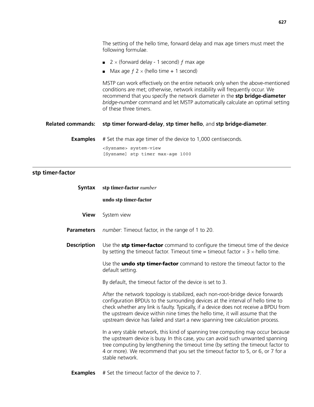 3Com MSR 50, MSR 30 manual Stp timer-factor, Syntax stp timer-factor number Undo stp timer-factor, 627 