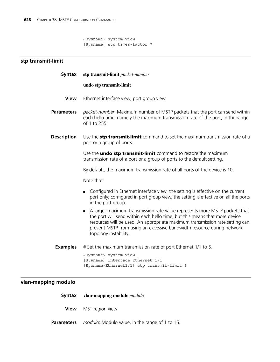 3Com MSR 30, MSR 50 manual Stp transmit-limit, Vlan-mapping modulo, Syntax vlan-mapping modulo modulo 