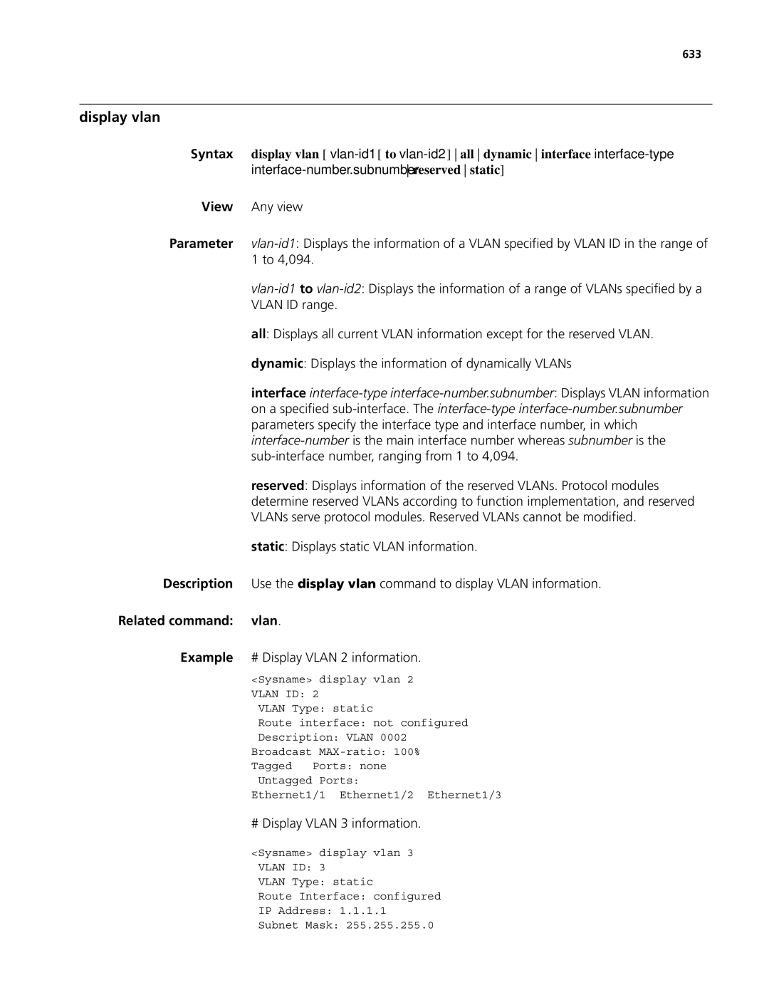 3Com MSR 50 Display vlan, Related command vlan, Example # Display Vlan 2 information, # Display Vlan 3 information, 633 