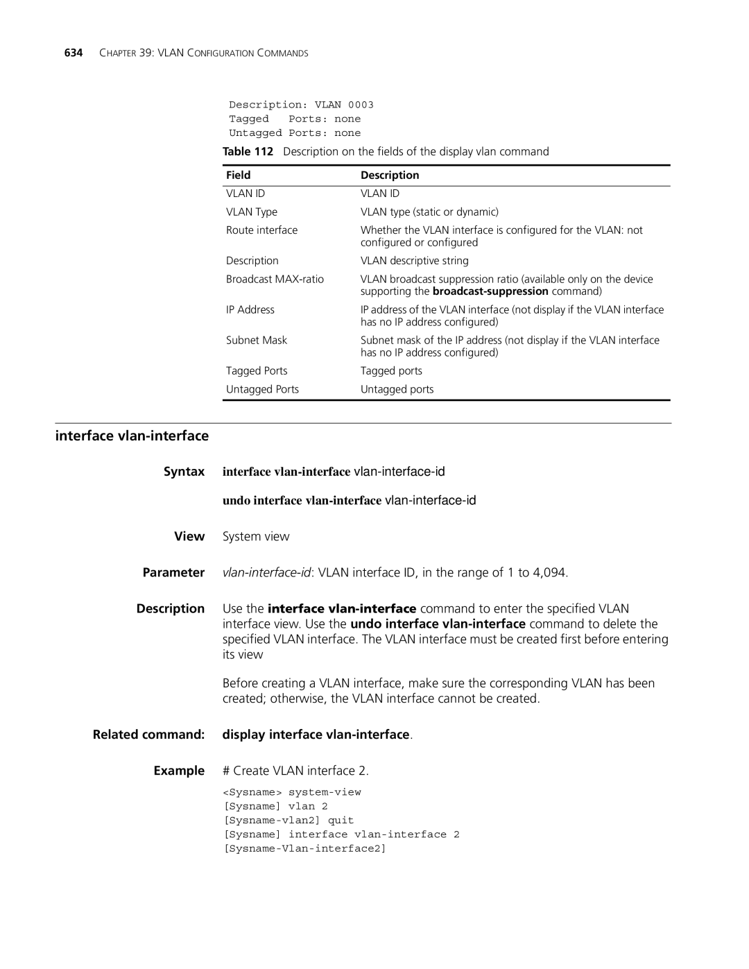 3Com MSR 30 Interface vlan-interface, Related command display interface vlan-interface, Example # Create Vlan interface 