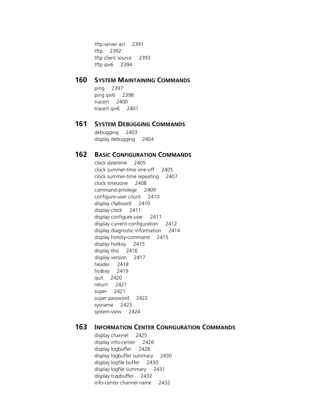 3Com MSR 30, MSR 50 manual System Maintaining Commands, System Debugging Commands, Basic Configuration Commands 