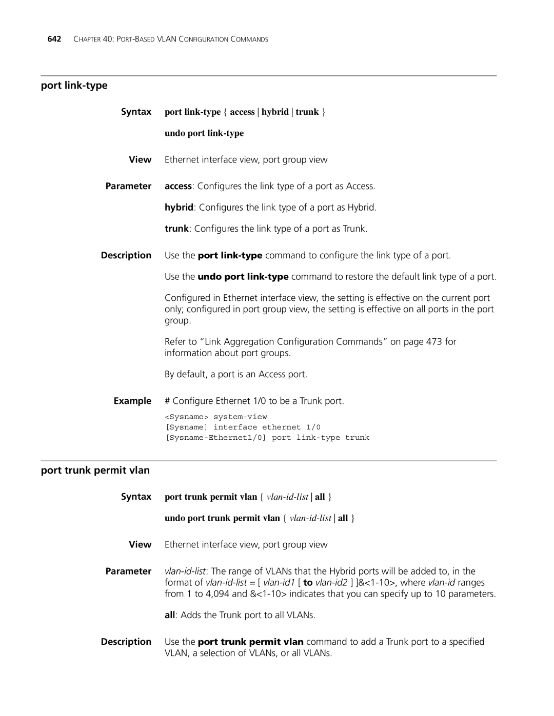 3Com MSR 30, MSR 50 manual Port link-type, Port trunk permit vlan 