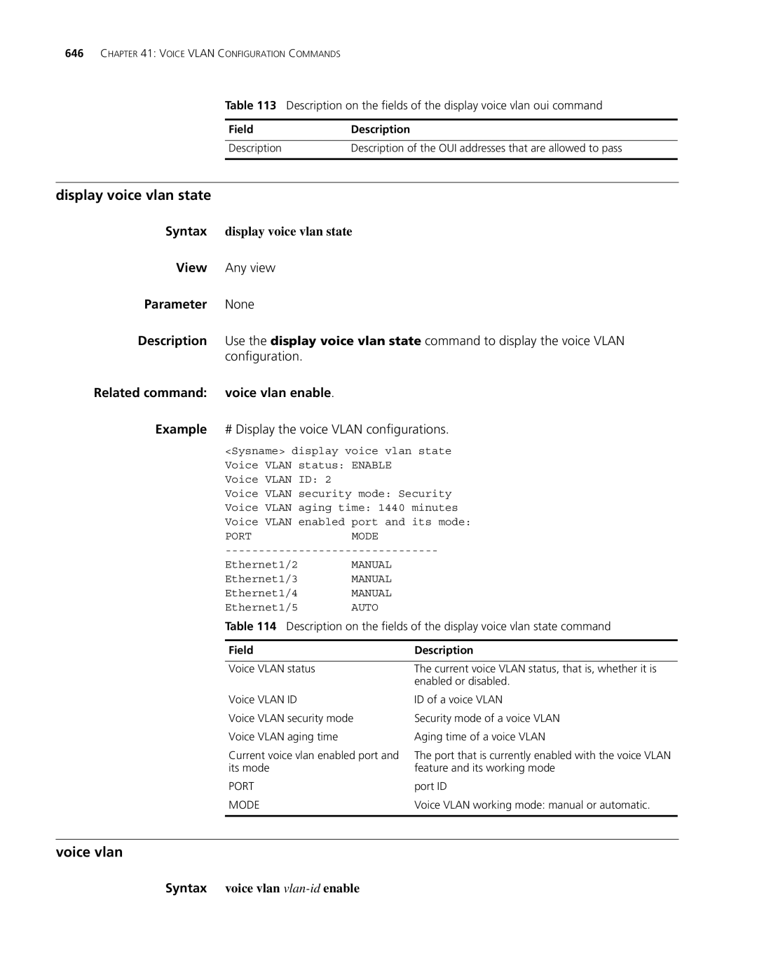 3Com MSR 30, MSR 50 manual Display voice vlan state, Voice vlan enable Example, Syntax voice vlan vlan-idenable 