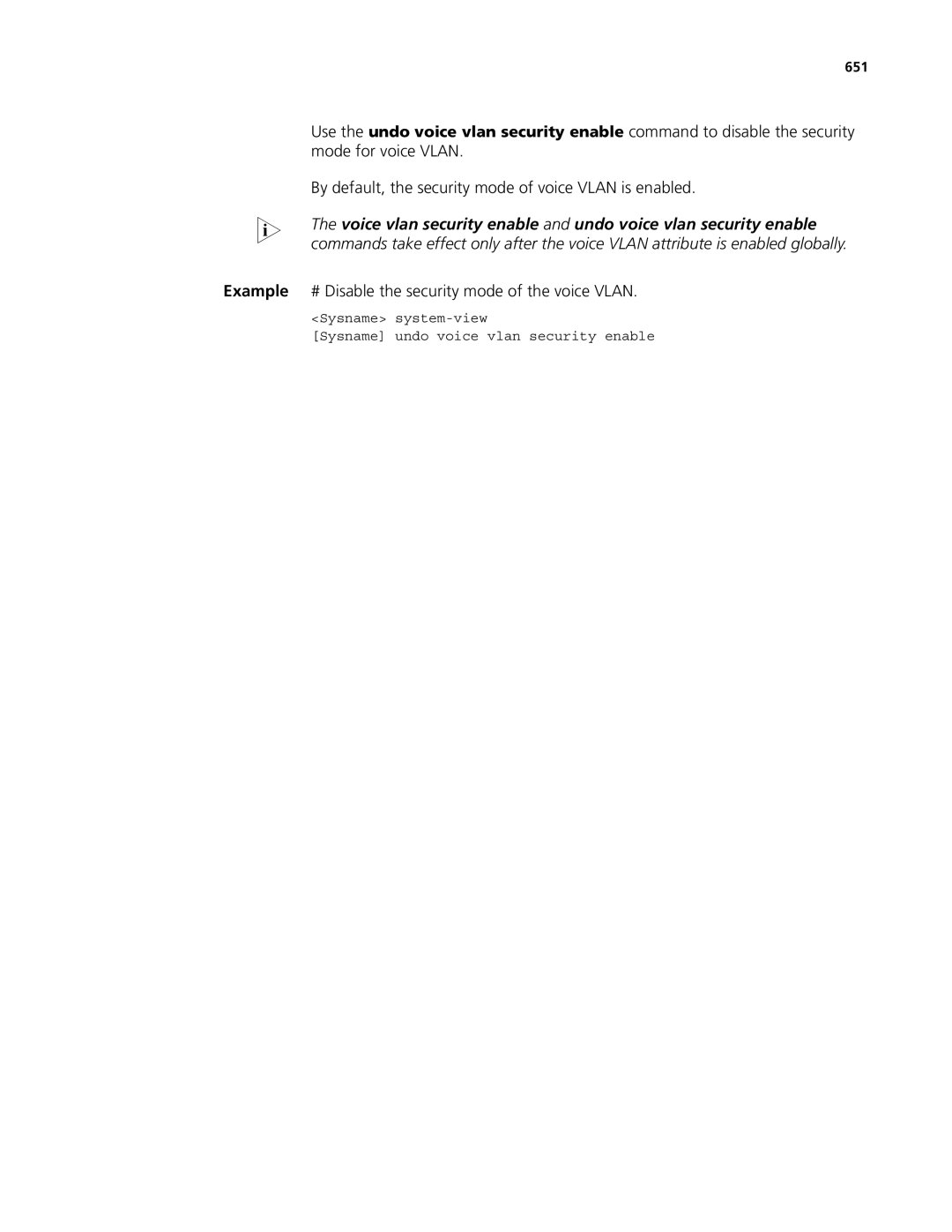 3Com MSR 50, MSR 30 manual Example # Disable the security mode of the voice Vlan, 651 