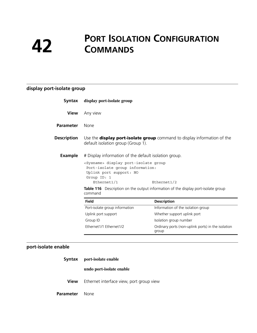 3Com MSR 50, MSR 30 manual Port Isolation Configuration Commands, Display port-isolate group, Port-isolate enable 