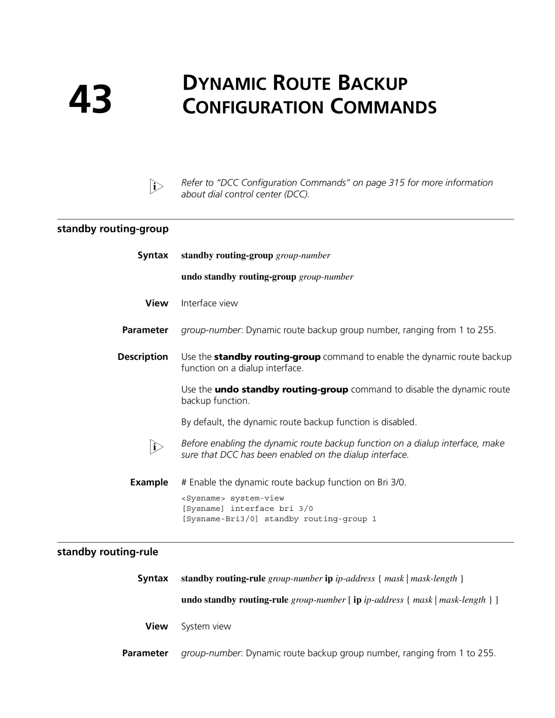 3Com MSR 50, MSR 30 manual Dynamic Route Backup Configuration Commands, Standby routing-group, Standby routing-rule 