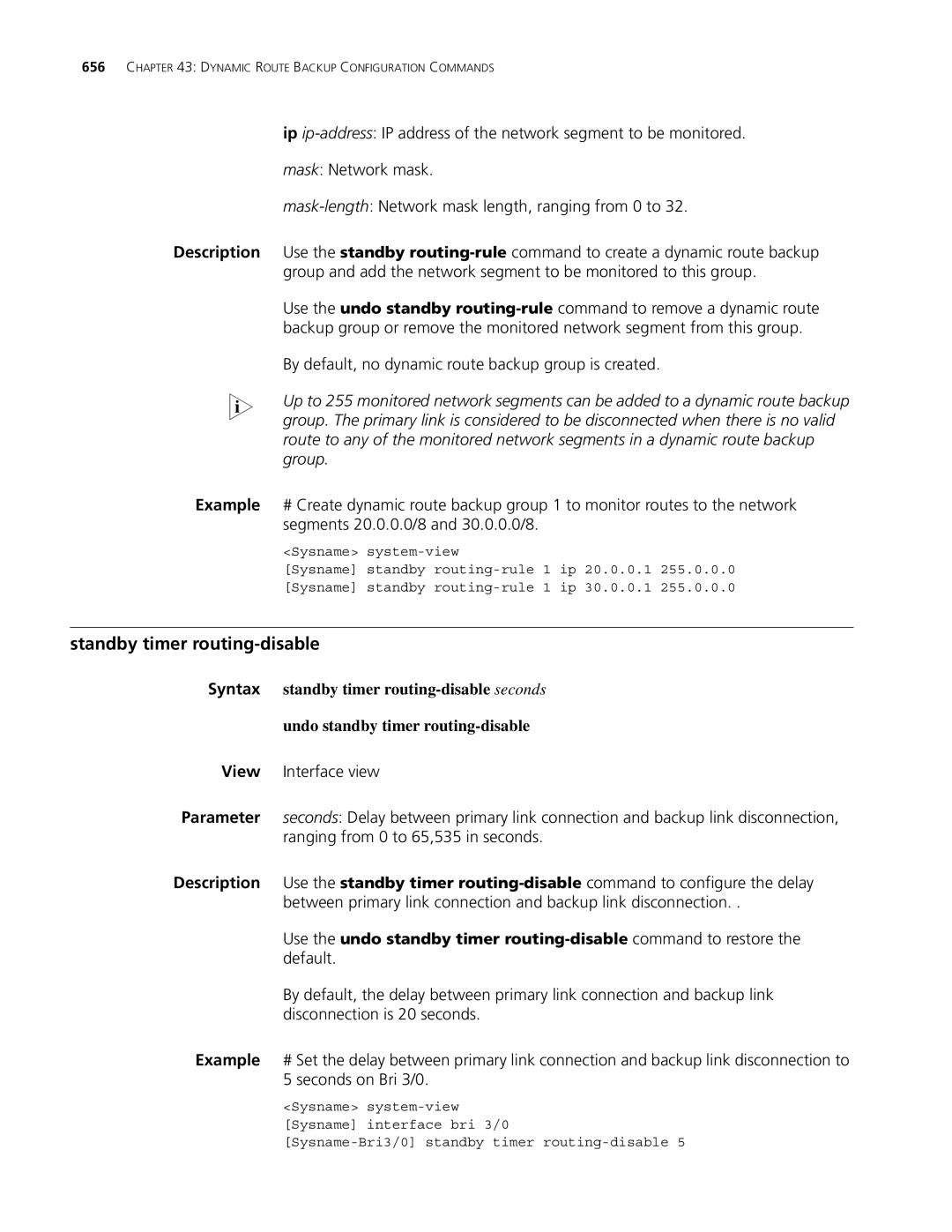 3Com MSR 30, MSR 50 manual Standby timer routing-disable 