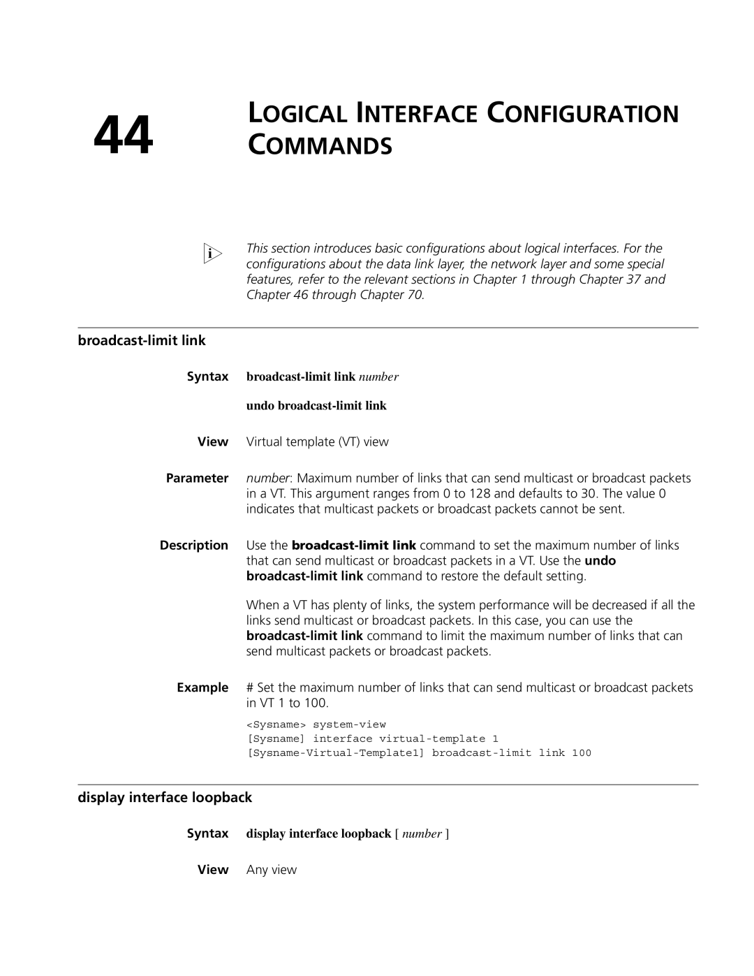 3Com MSR 50, MSR 30 manual Logical Interface Configuration Commands, Broadcast-limit link, Display interface loopback 