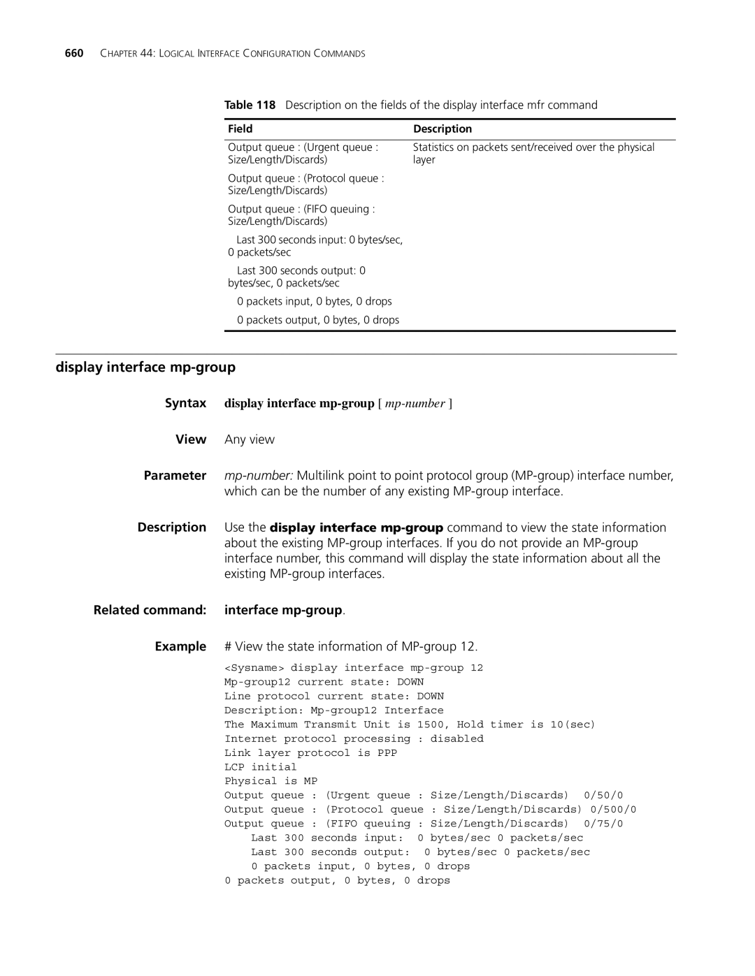 3Com MSR 30, MSR 50 manual Related command interface mp-group, Example # View the state information of MP-group 