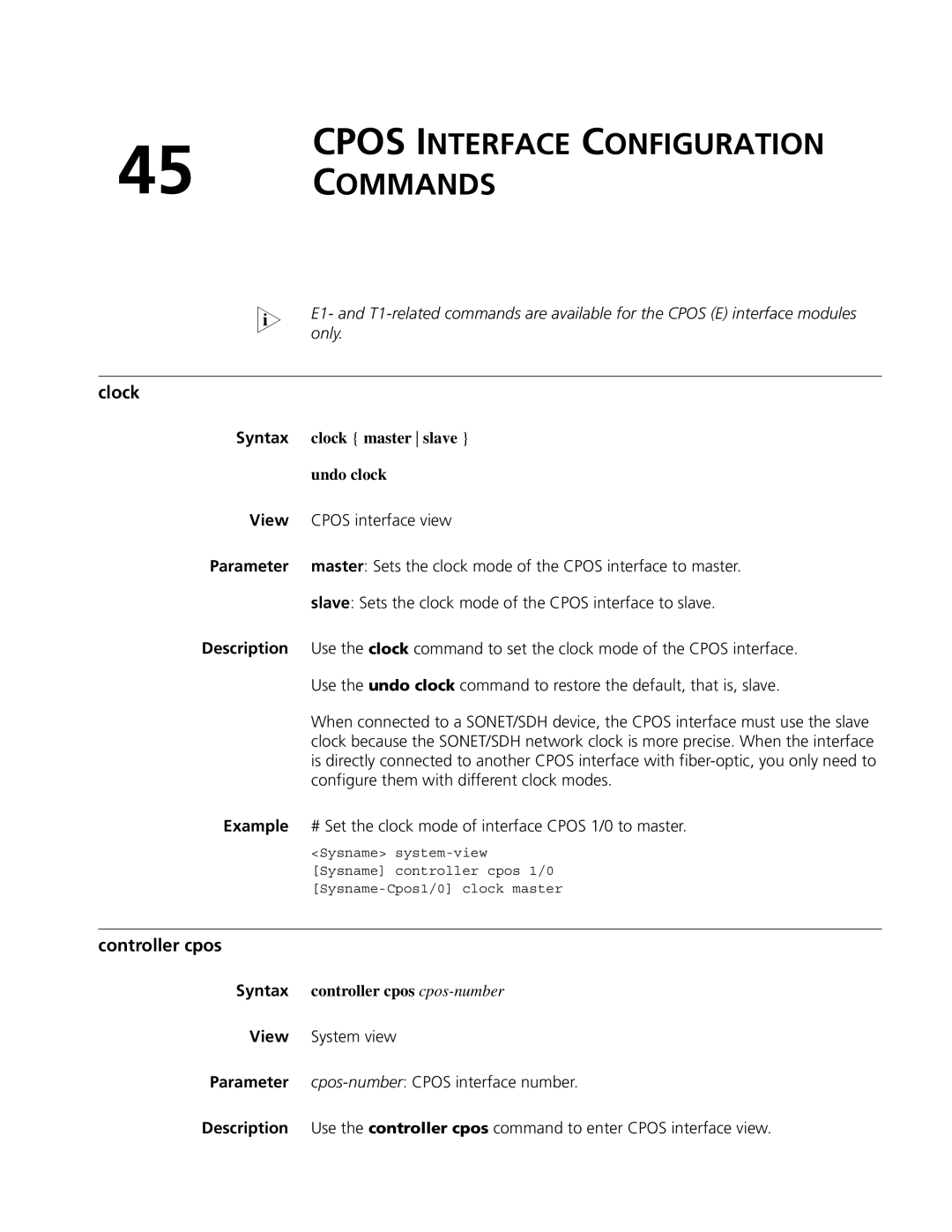 3Com MSR 50, MSR 30 manual Cpos Interface Configuration Commands, Controller cpos, System view 