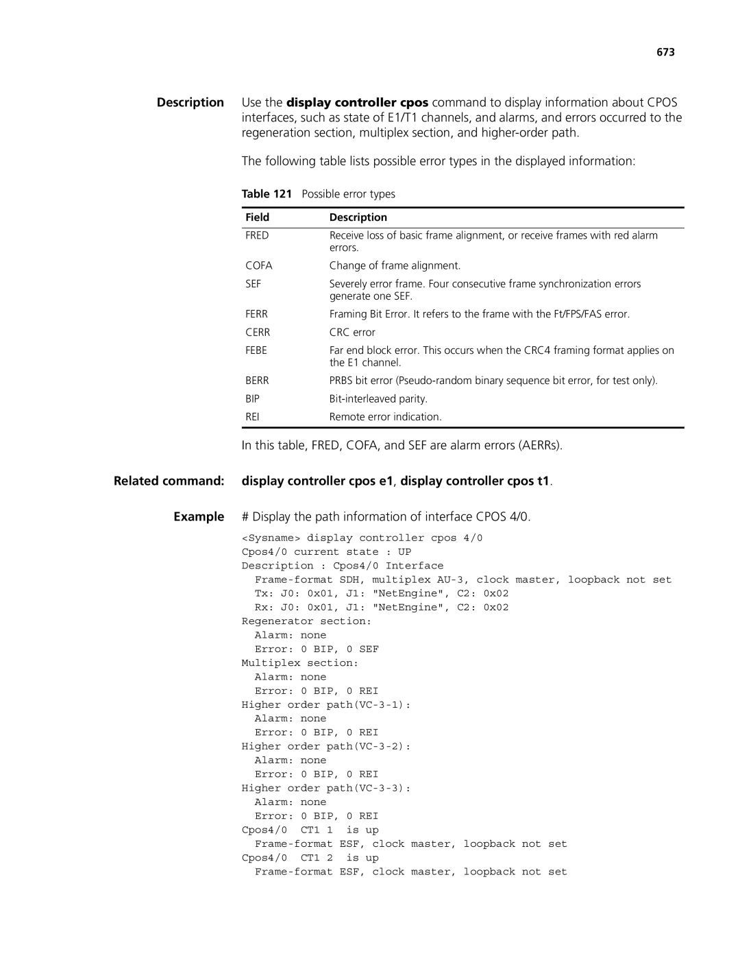 3Com MSR 50, MSR 30 manual This table, FRED, COFA, and SEF are alarm errors AERRs, Possible error types, 673 