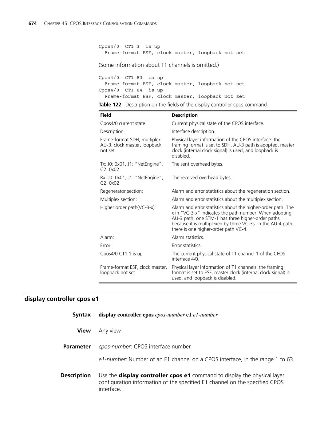 3Com MSR 30, MSR 50 manual Display controller cpos e1, Some information about T1 channels is omitted 