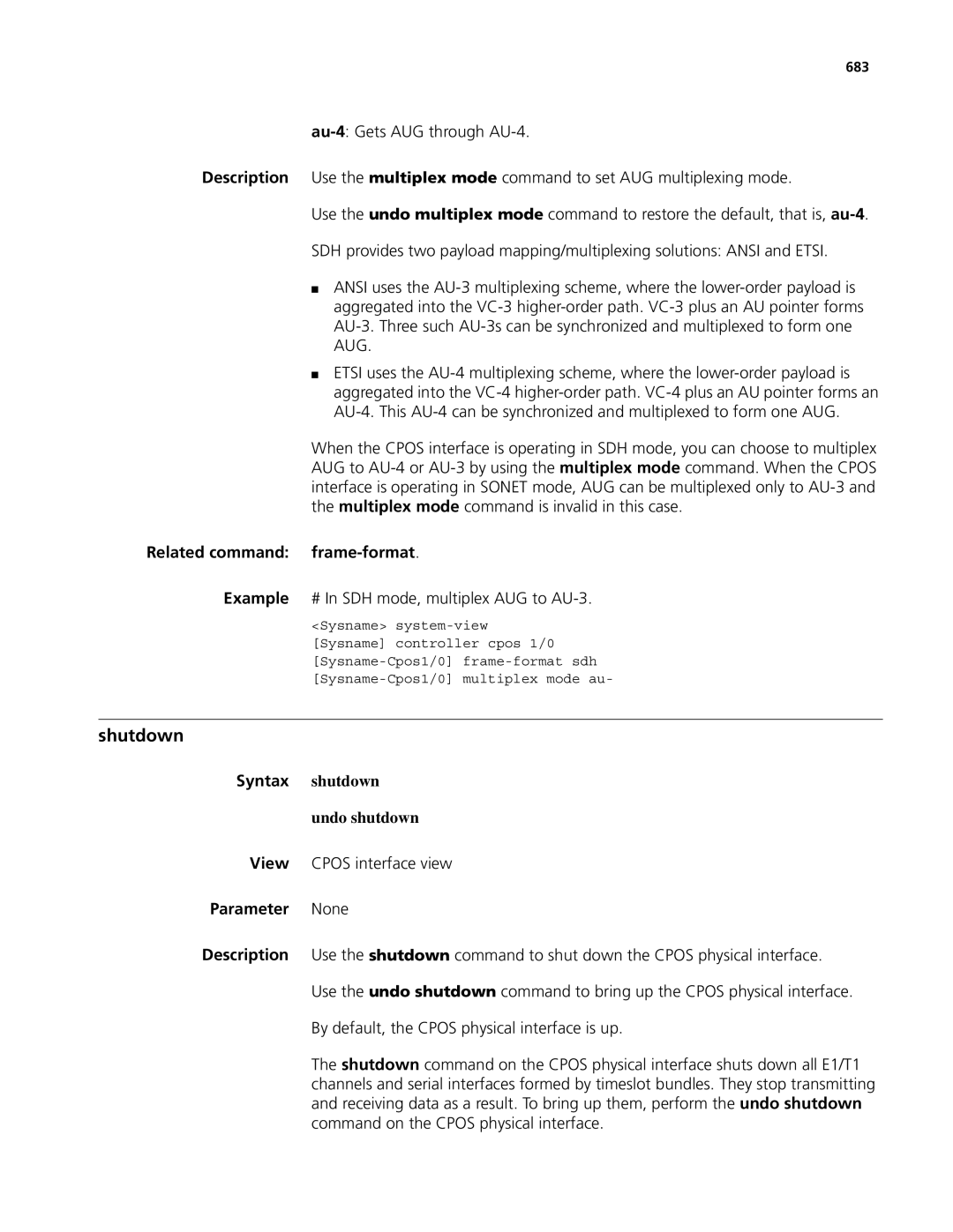 3Com MSR 50, MSR 30 manual Related command frame-format, Example # In SDH mode, multiplex AUG to AU-3, 683 