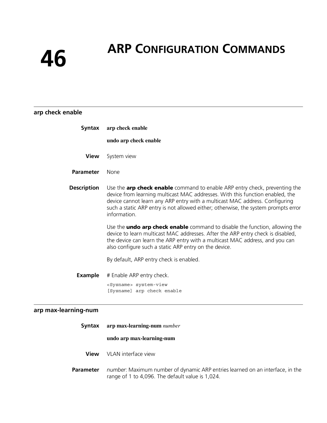 3Com MSR 50, MSR 30 manual ARP Configuration Commands, Arp check enable, Arp max-learning-num 