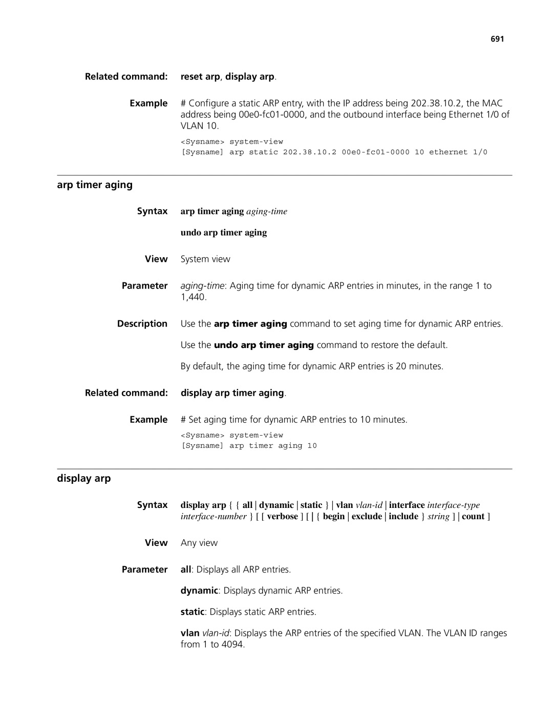 3Com MSR 50 Arp timer aging, Display arp, Related command reset arp, display arp, Related command display arp timer aging 