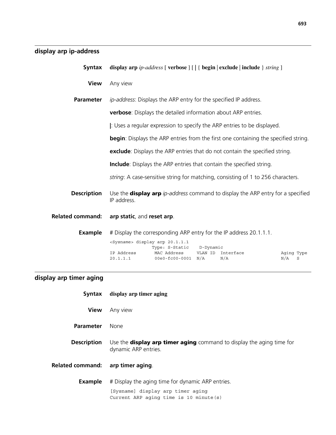 3Com MSR 50, MSR 30 Display arp ip-address, Display arp timer aging, Arp static , and reset arp Example, Arp timer aging 