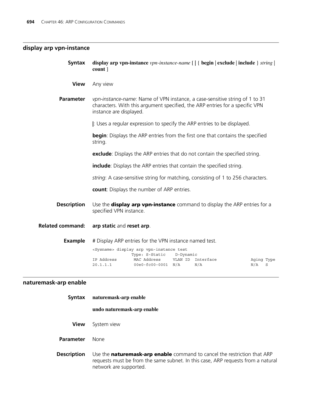 3Com MSR 30, MSR 50 manual Display arp vpn-instance, Naturemask-arp enable, Related command arp static and reset arp 