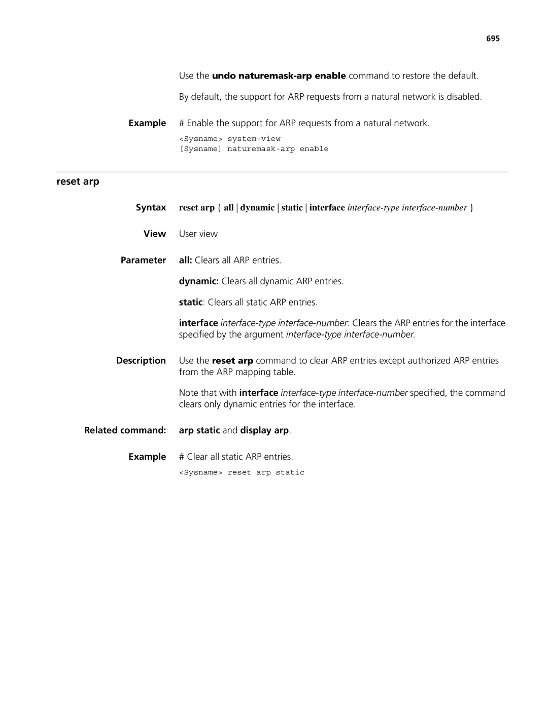 3Com MSR 50, MSR 30 manual Reset arp, Specified by the argument interface-type interface-number, Arp static and display arp 