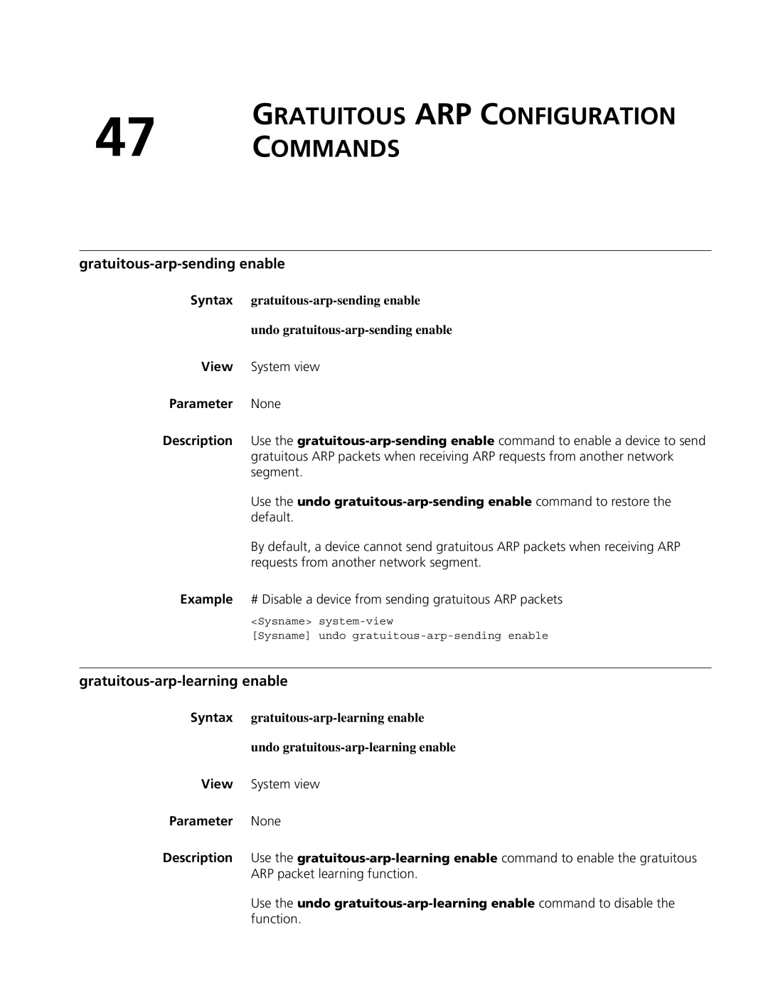 3Com MSR 50, MSR 30 Gratuitous ARP Configuration Commands, Gratuitous-arp-sending enable, Gratuitous-arp-learning enable 