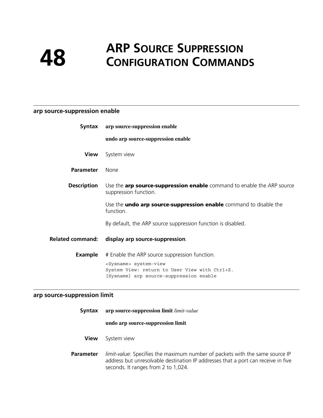 3Com MSR 50 ARP Source Suppression Configuration Commands, Arp source-suppression enable, Arp source-suppression limit 