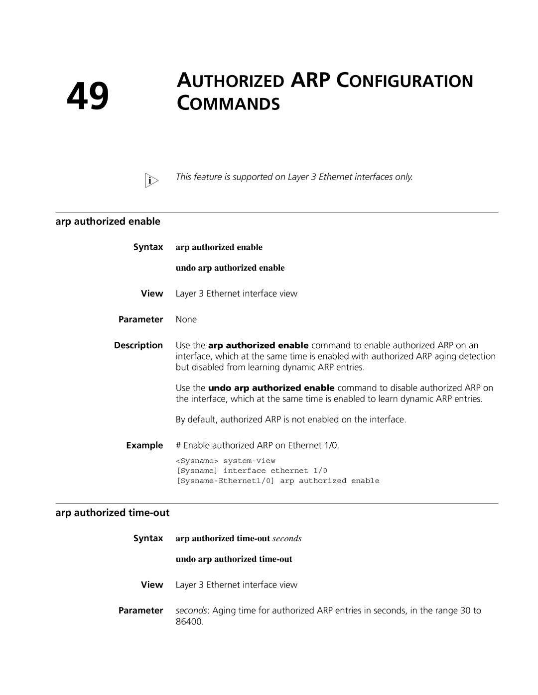 3Com MSR 50, MSR 30 manual Authorized ARP Configuration Commands, Arp authorized enable, Arp authorized time-out 