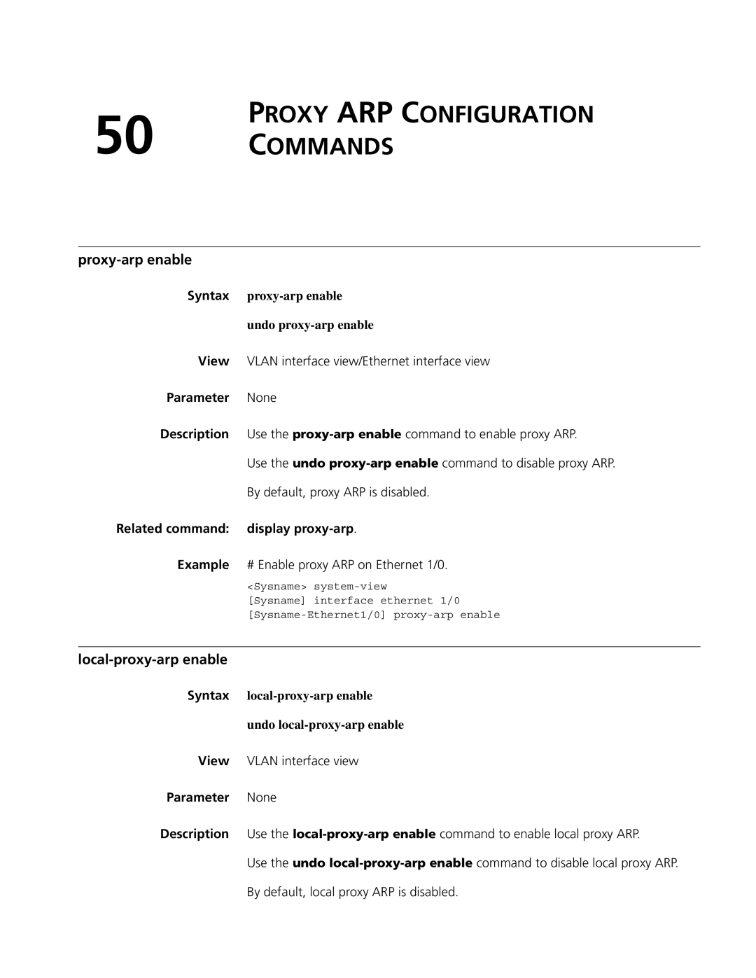 3Com MSR 50 Proxy ARP Configuration Commands, Proxy-arp enable, Local-proxy-arp enable, Related command display proxy-arp 