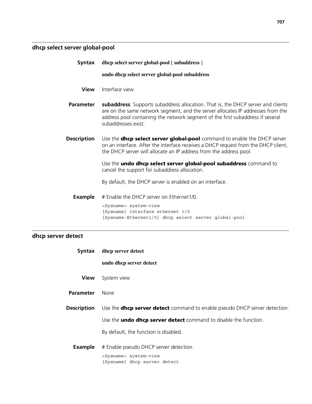 3Com MSR 50 Dhcp select server global-pool, Dhcp server detect, Syntax dhcp server detect Undo dhcp server detect, 707 