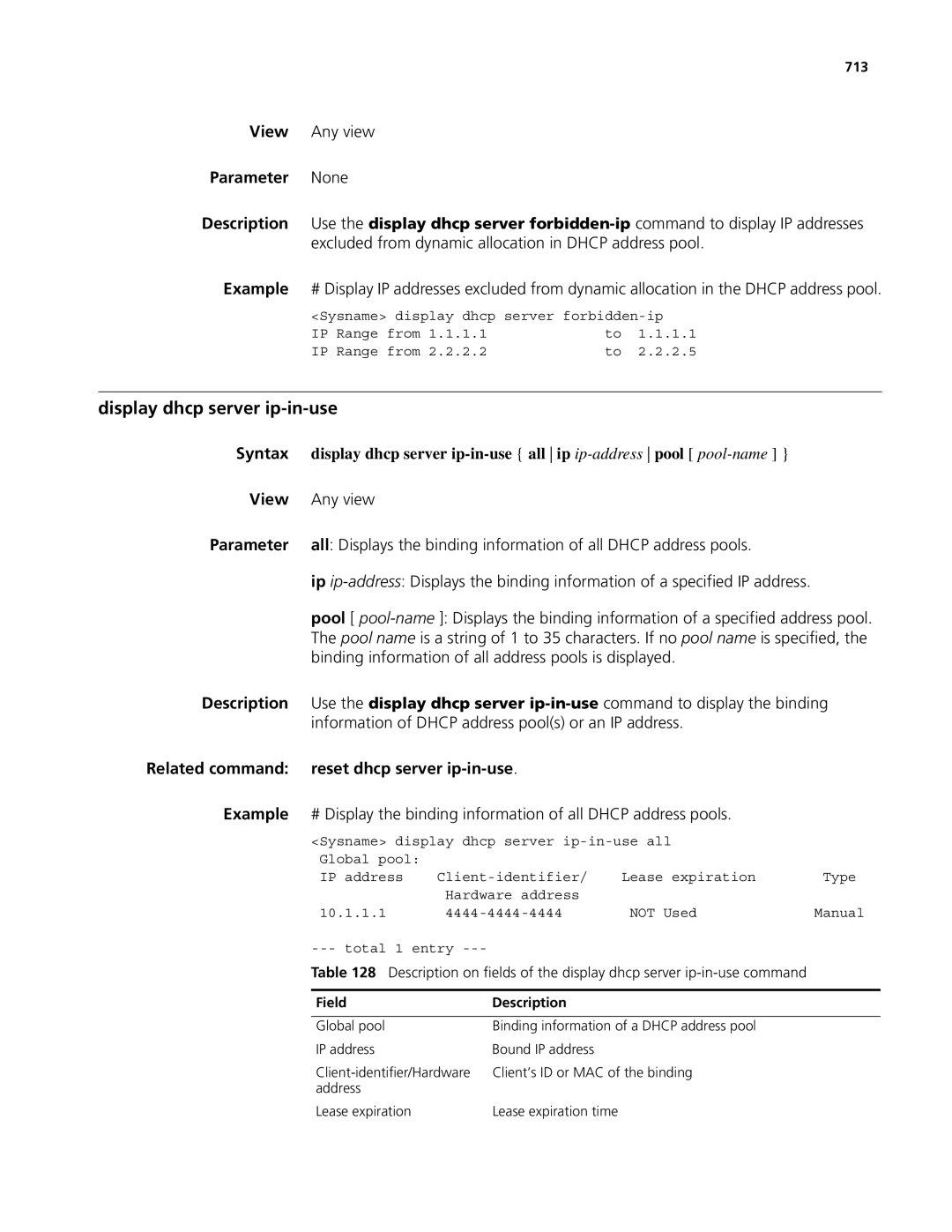 3Com MSR 50, MSR 30 manual Display dhcp server ip-in-use, Binding information of all address pools is displayed, 713 