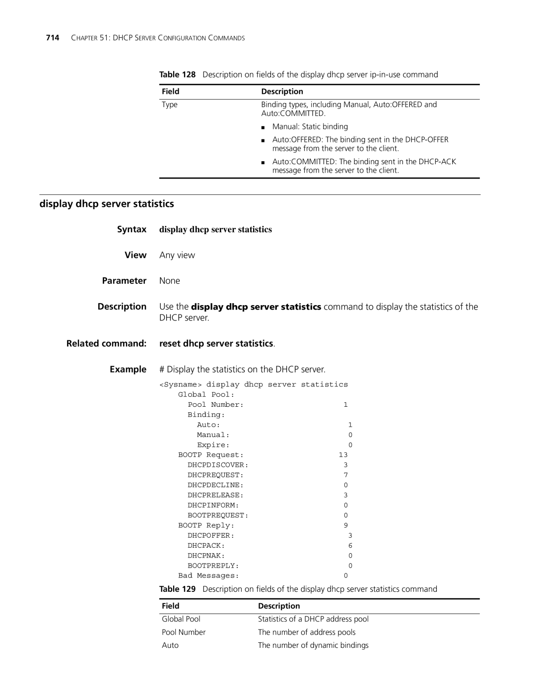 3Com MSR 30, MSR 50 Display dhcp server statistics, Syntax display dhcp server statistics, Reset dhcp server statistics 