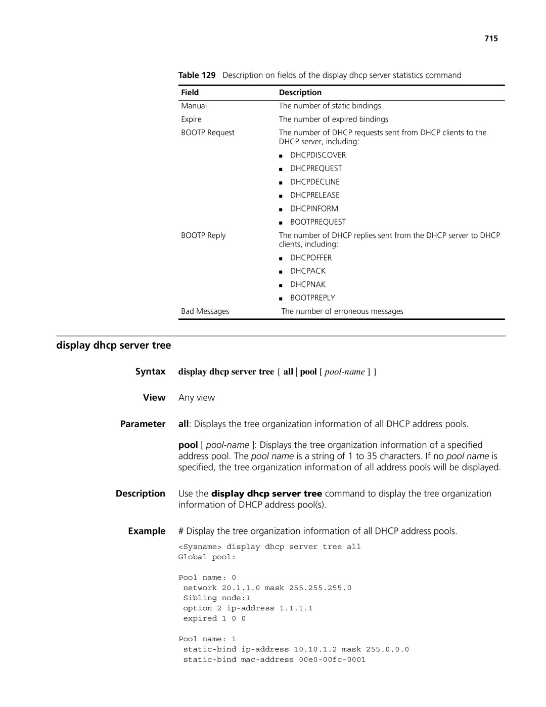 3Com MSR 50, MSR 30 manual Display dhcp server tree all pool pool-name, Information of Dhcp address pools, 715 
