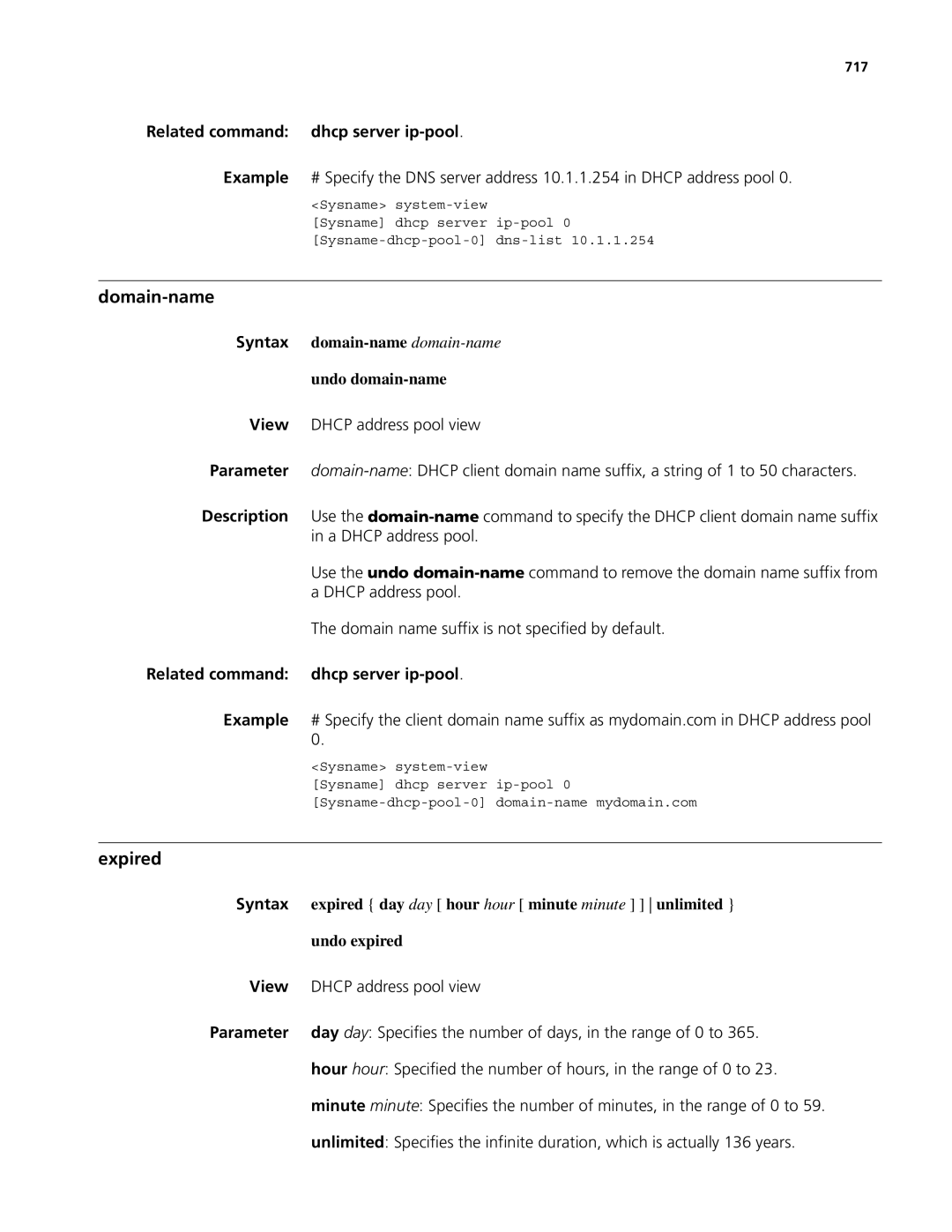 3Com MSR 50, MSR 30 manual Domain-name, Expired, Related command dhcp server ip-pool 