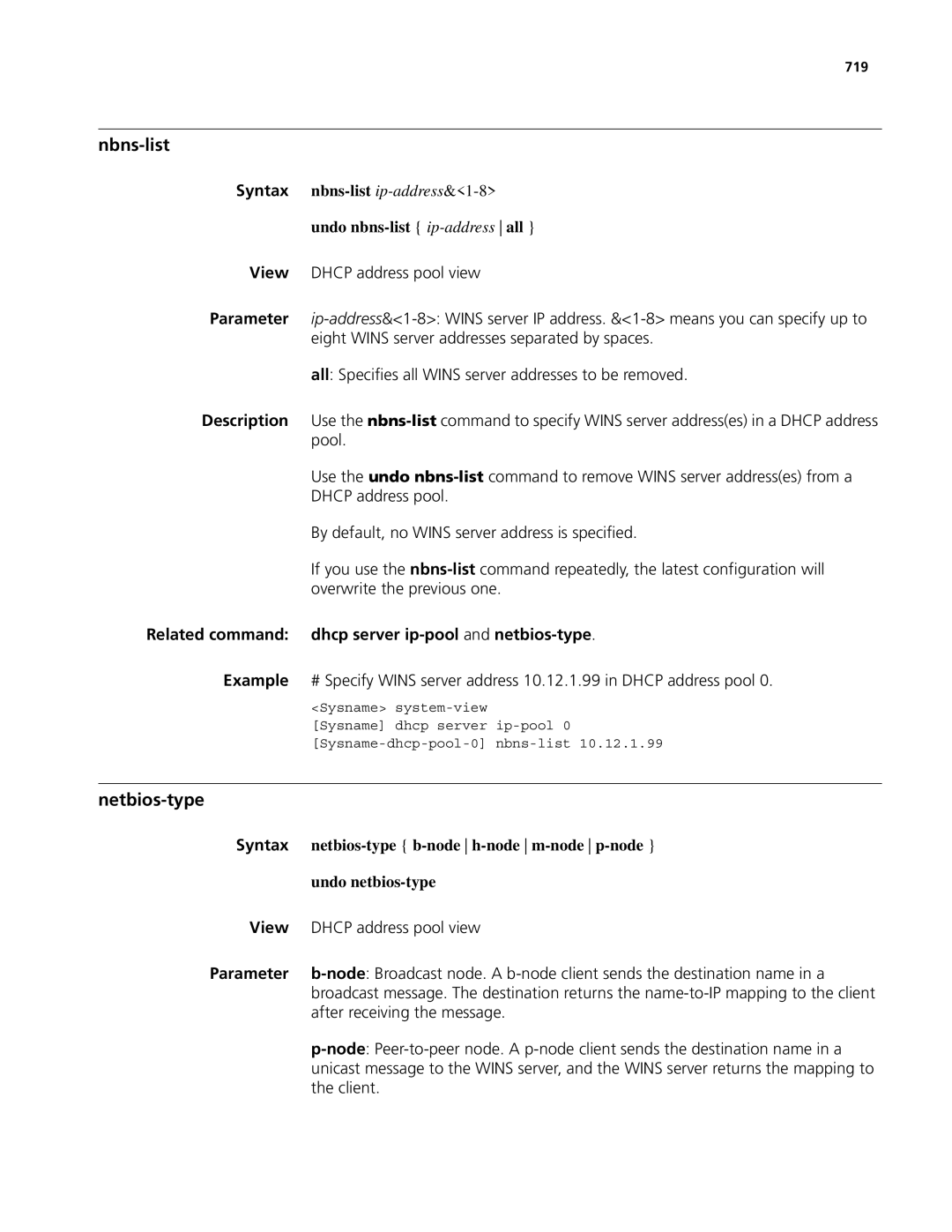 3Com MSR 50, MSR 30 manual Nbns-list, Netbios-type, Related command dhcp server ip-pooland netbios-type, 719 