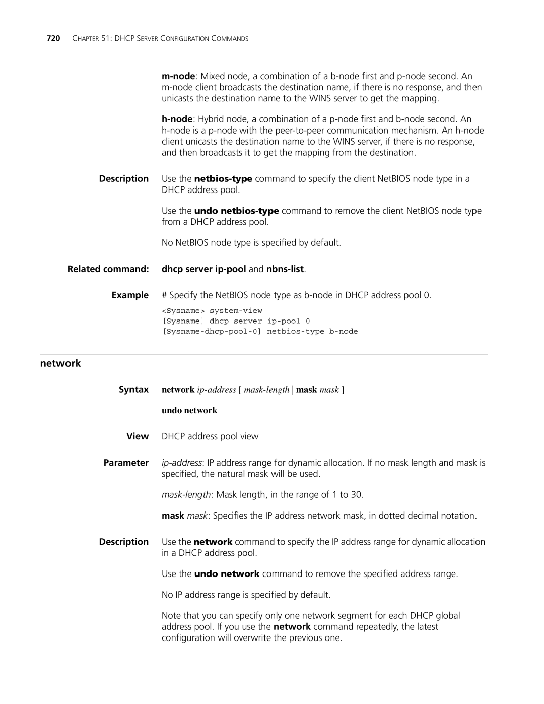 3Com MSR 30, MSR 50 manual Network, Related command dhcp server ip-pooland nbns-list, Undo network 