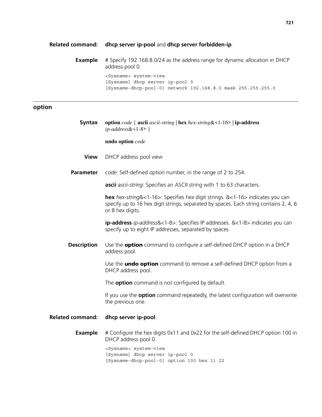 3Com MSR 50, MSR 30 manual Option, Undo option code, 721 